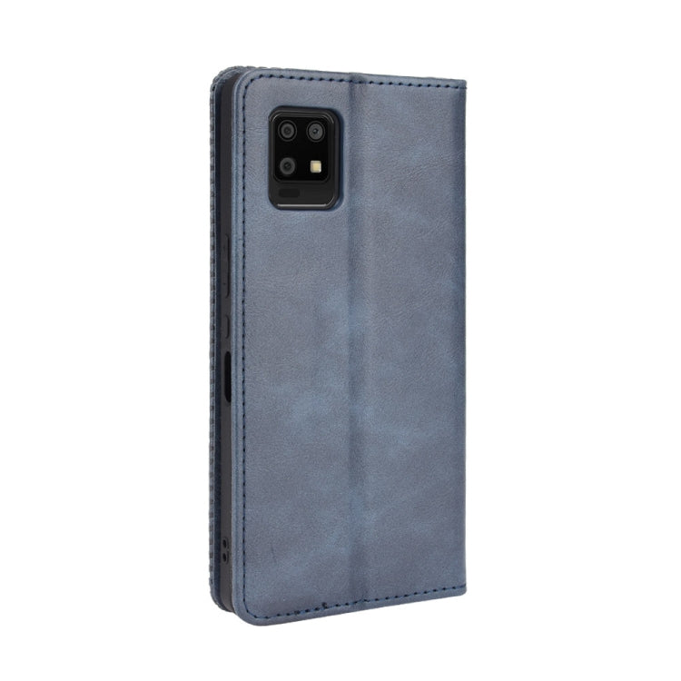 For Aquos Zero6 Magnetic Buckle case with retro crazy horse texture, showcasing card slots and horizontal viewing design.