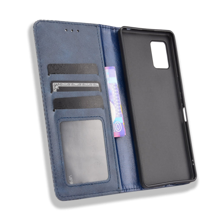 For Aquos Zero6 Magnetic Buckle case with retro crazy horse texture, showcasing card slots and horizontal viewing design.