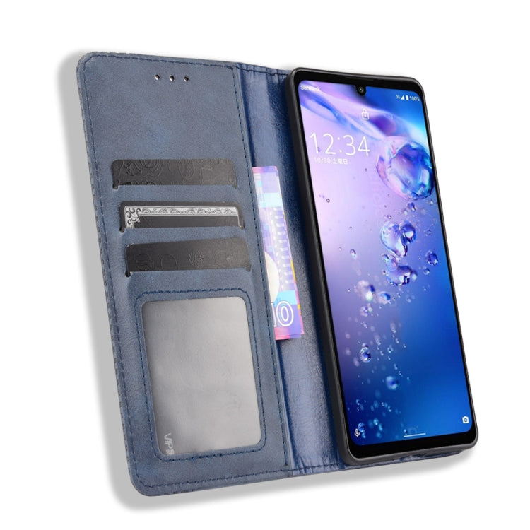 For Aquos Zero6 Magnetic Buckle case with retro crazy horse texture, showcasing card slots and horizontal viewing design.