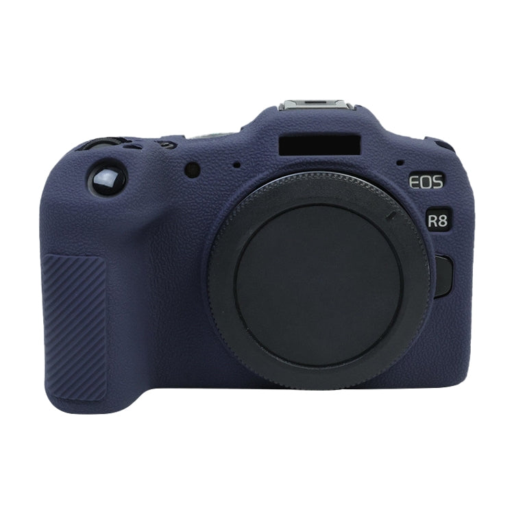 Dark blue soft silicone protective case for Canon EOS R8 camera, showcasing its flexible design and snug fit.