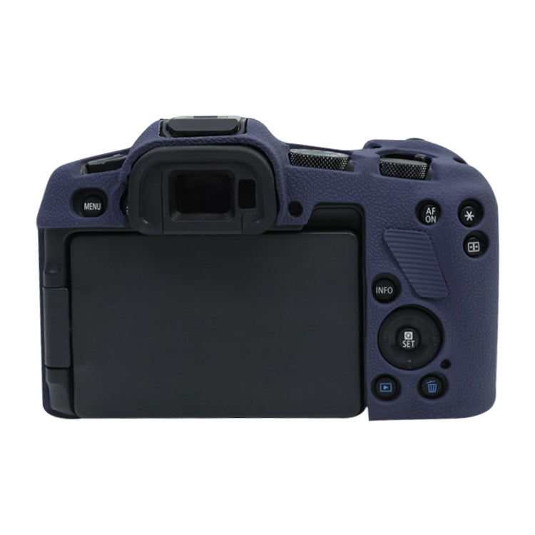 Dark blue soft silicone protective case for Canon EOS R8 camera, showcasing its flexible design and snug fit.