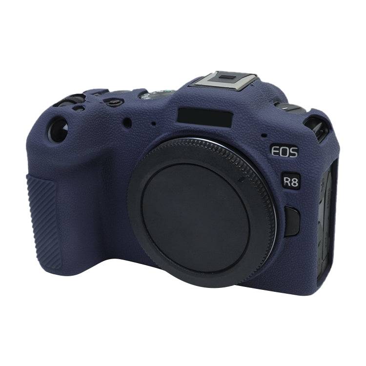 Dark blue soft silicone protective case for Canon EOS R8 camera, showcasing its flexible design and snug fit.