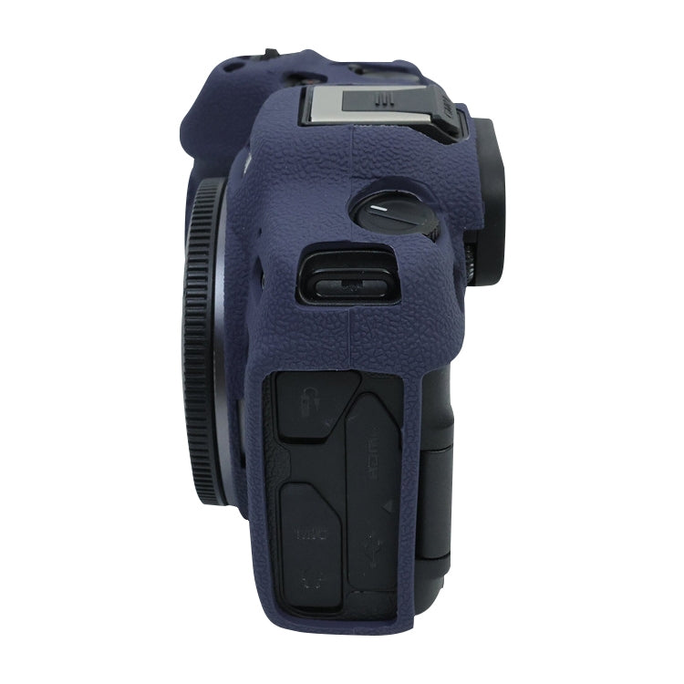 Dark blue soft silicone protective case for Canon EOS R8 camera, showcasing its flexible design and snug fit.