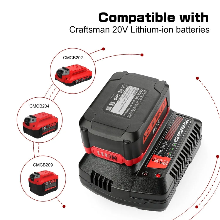 For Craftsman CMCB202 CMCB204 CMCB209 Electric Tool 20V Lithium charger with LED indicator and compact design.