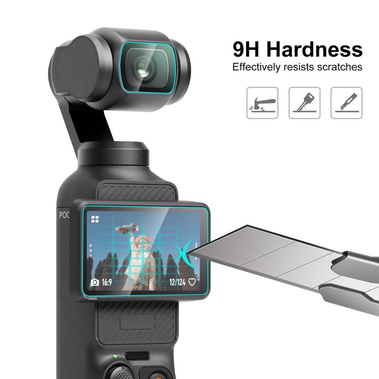 PULUZ 9H 2.5D HD Tempered Glass Lens Protector for DJI OSMO Pocket 3, showcasing its sleek design and protective features.