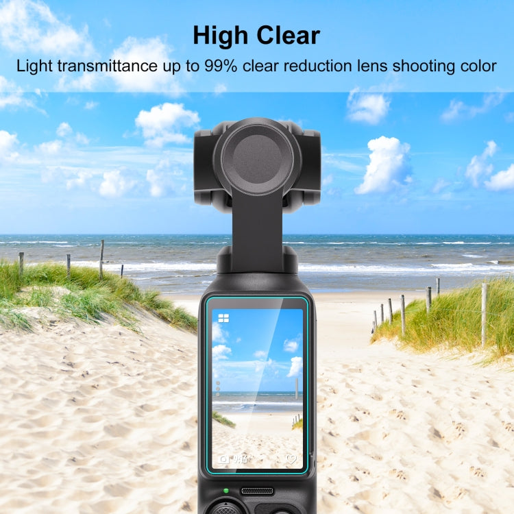 PULUZ 9H 2.5D HD Tempered Glass Lens Protector for DJI OSMO Pocket 3, showcasing its sleek design and protective features.