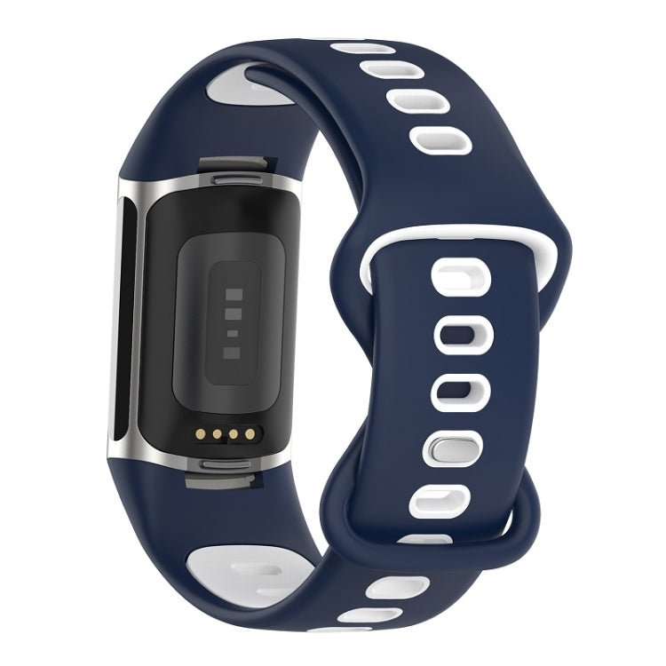 Midnight Blue and White silicone watch band for Fitbit Charge 6, showcasing its stylish design and adjustable features.