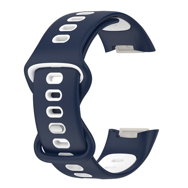 Midnight Blue and White silicone watch band for Fitbit Charge 6, showcasing its stylish design and adjustable features.