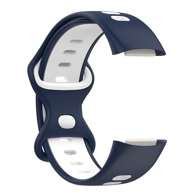 Midnight Blue and White silicone watch band for Fitbit Charge 6, showcasing its stylish design and adjustable features.