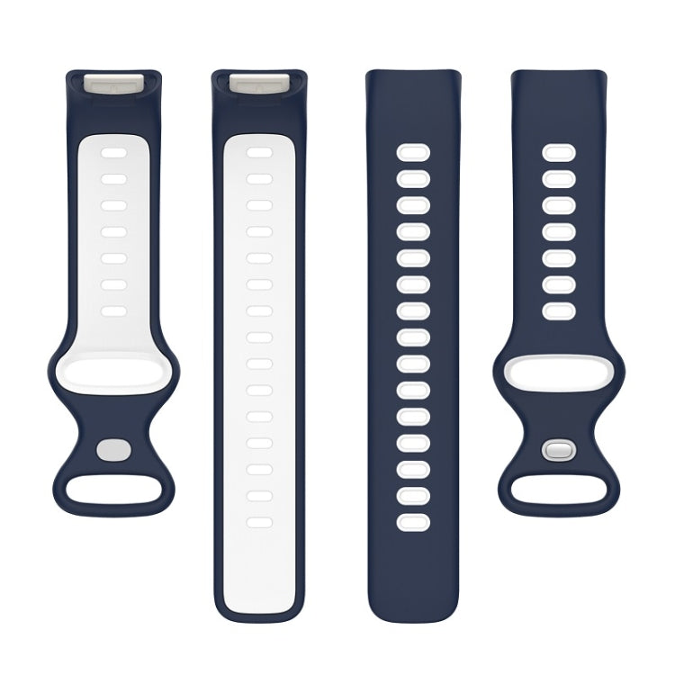 Midnight Blue and White silicone watch band for Fitbit Charge 6, showcasing its stylish design and adjustable features.