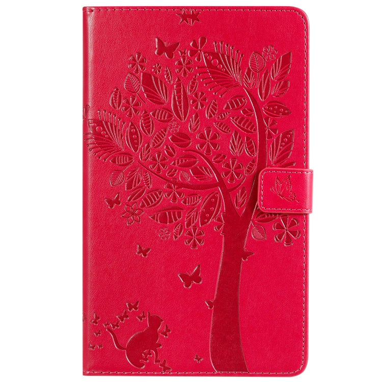 Galaxy Tab A 8.0 (2019) case featuring a pressed printing design of a cat and tree, made from PU leather and TPU material.