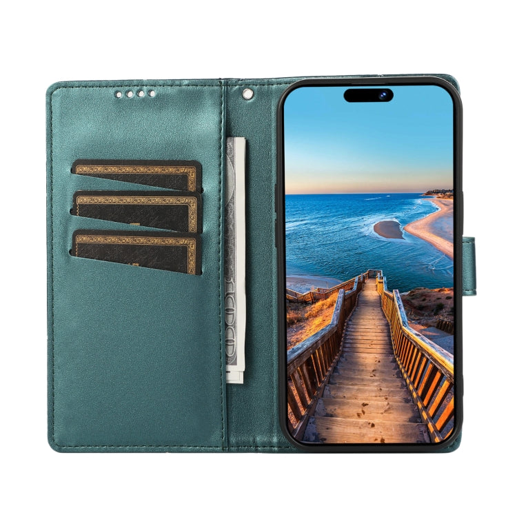 For Google Pixel 5a 5G PU leather case with embossed texture, featuring card slots and a wrist strap.