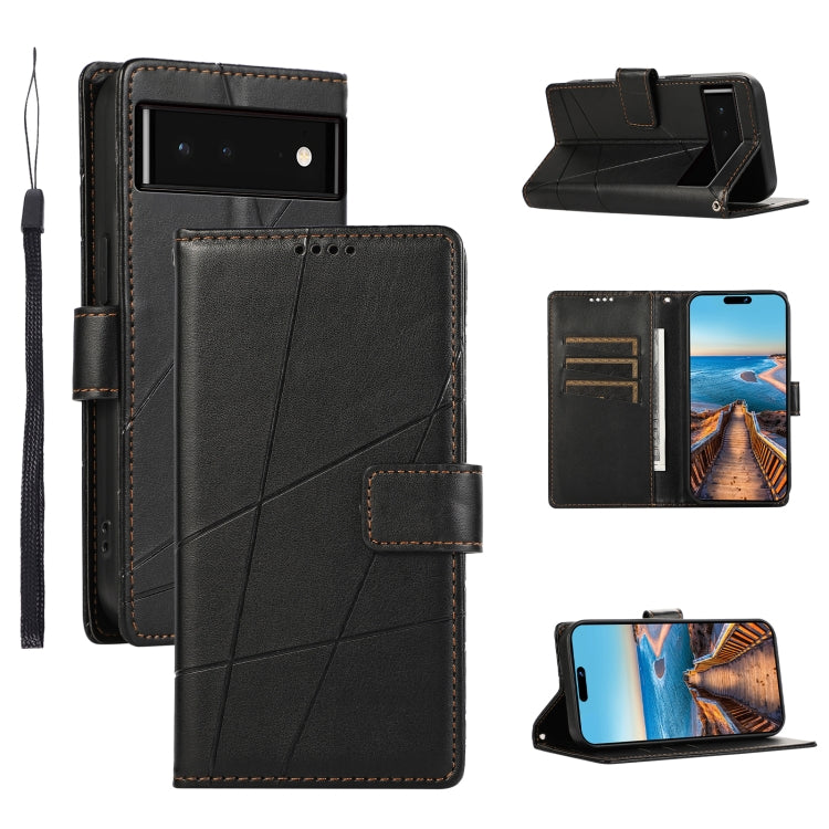 For Google Pixel 6 PU Genuine Leather Texture Embossed Line Phone Case with card slots and kickstand feature, showcasing its stylish design and functionality.