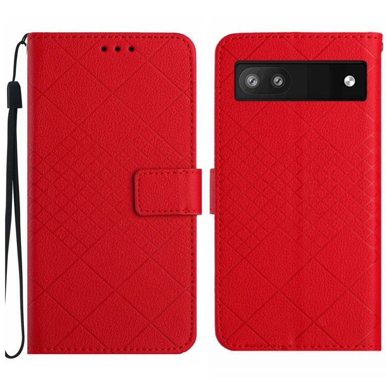 Red leather phone case for Google Pixel 6a with rhombic grid texture, showcasing its stylish design and functionality.