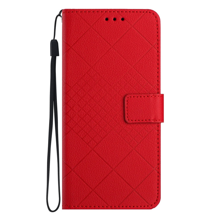 Red leather phone case for Google Pixel 6a with rhombic grid texture, showcasing its stylish design and functionality.