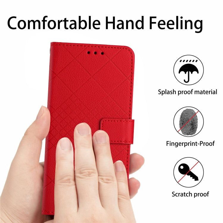 Red leather phone case for Google Pixel 6a with rhombic grid texture, showcasing its stylish design and functionality.