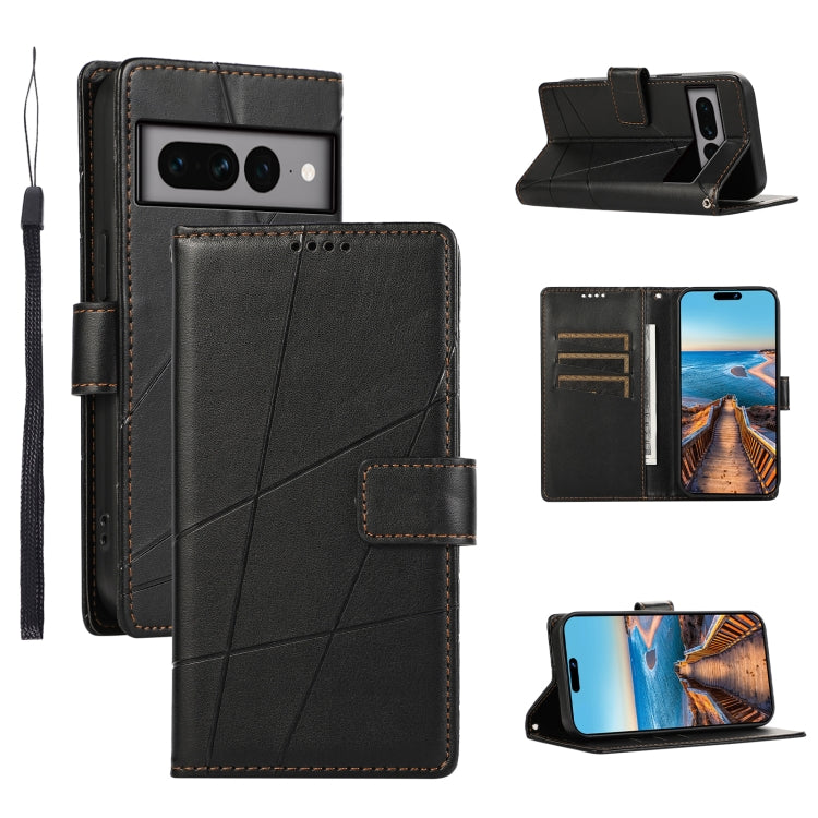 For Google Pixel 7 Pro PU leather phone case with embossed texture, featuring card slots and a wrist strap.