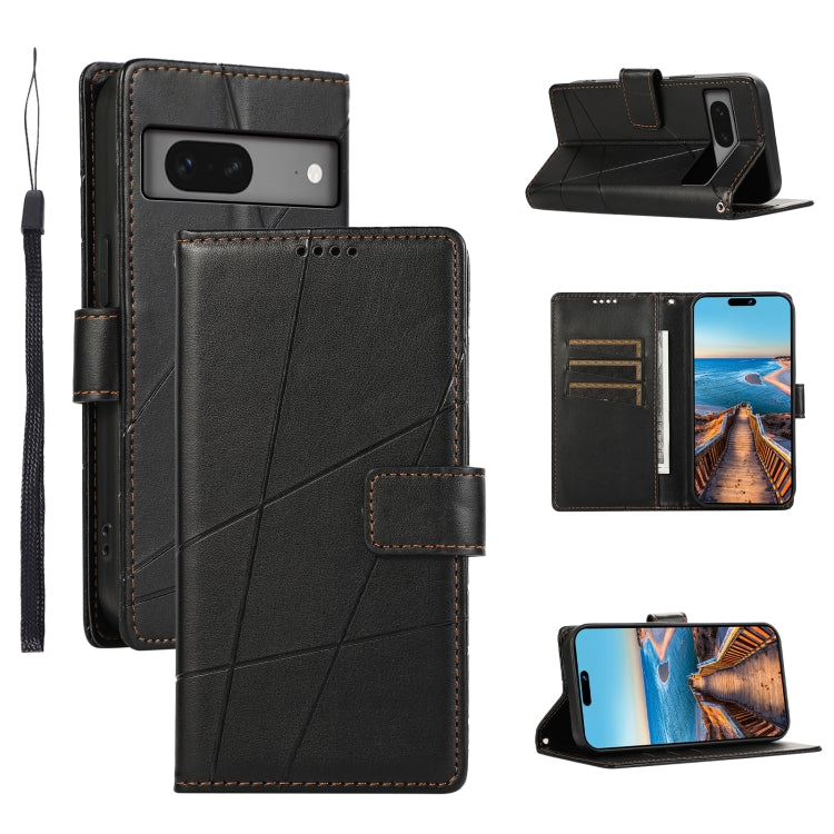 For Google Pixel 7 PU leather phone case with embossed texture, featuring card slots and a wrist strap.