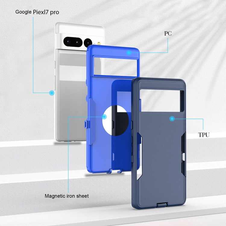 Purple and black 2 in 1 Magnetic PC + TPU Phone Case for Google Pixel 7a, showcasing its sleek design and durable materials.