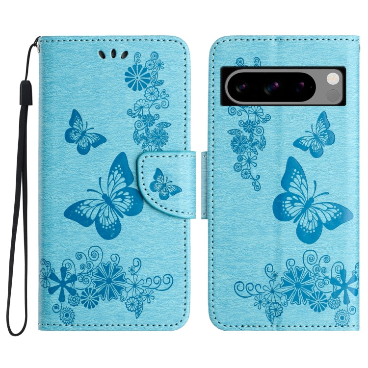 Blue butterfly embossed flip leather phone case for Google Pixel 8, showcasing its stylish design and functional features.