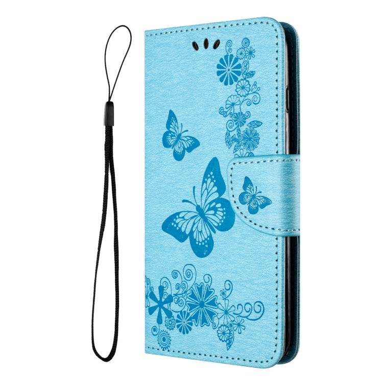 Blue butterfly embossed flip leather phone case for Google Pixel 8, showcasing its stylish design and functional features.