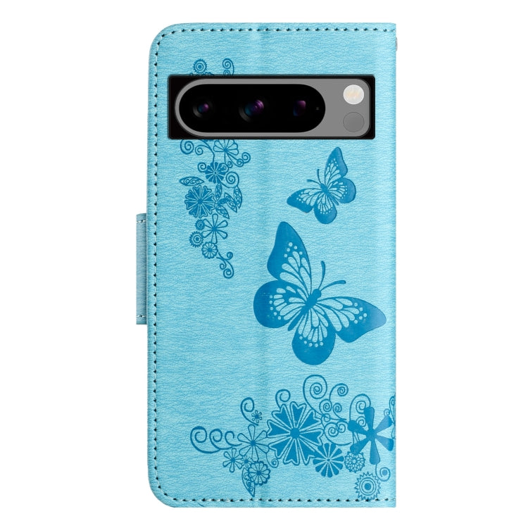 Blue butterfly embossed flip leather phone case for Google Pixel 8, showcasing its stylish design and functional features.