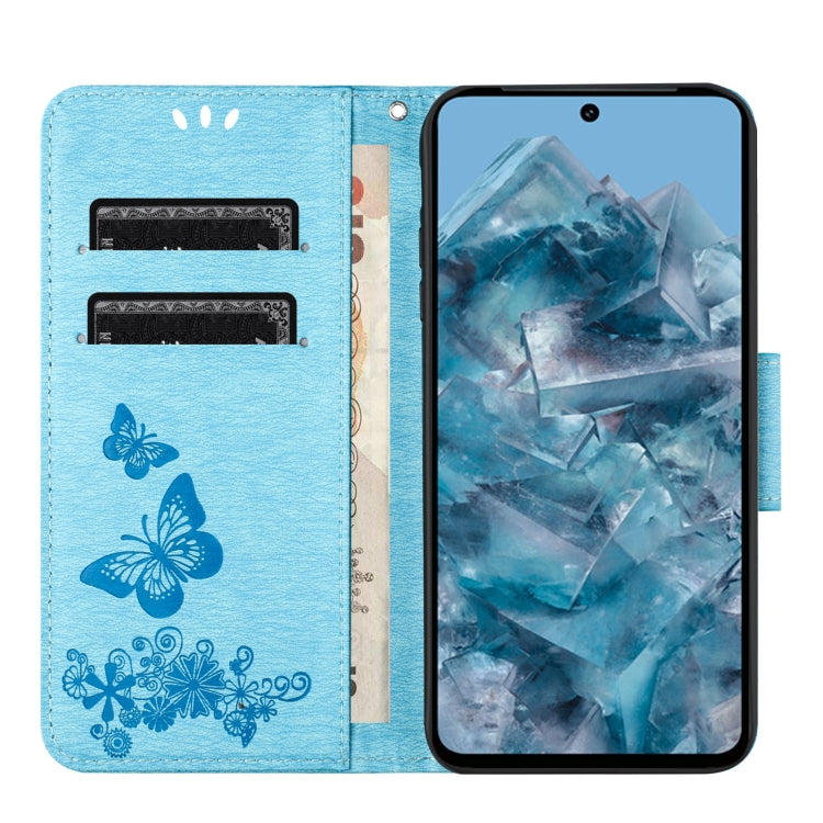 Blue butterfly embossed flip leather phone case for Google Pixel 8, showcasing its stylish design and functional features.