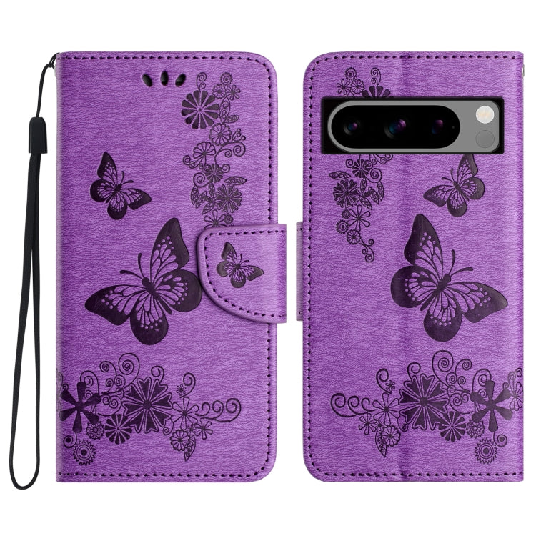 Purple butterfly embossed flip leather phone case for Google Pixel 8, showcasing its elegant design and functional features.