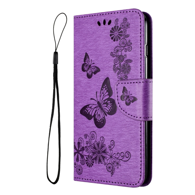 Purple butterfly embossed flip leather phone case for Google Pixel 8, showcasing its elegant design and functional features.