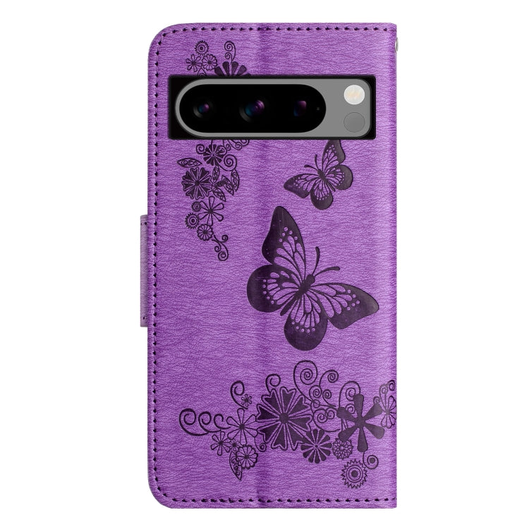 Purple butterfly embossed flip leather phone case for Google Pixel 8, showcasing its elegant design and functional features.