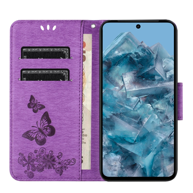 Purple butterfly embossed flip leather phone case for Google Pixel 8, showcasing its elegant design and functional features.