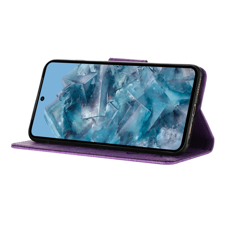 Purple butterfly embossed flip leather phone case for Google Pixel 8, showcasing its elegant design and functional features.