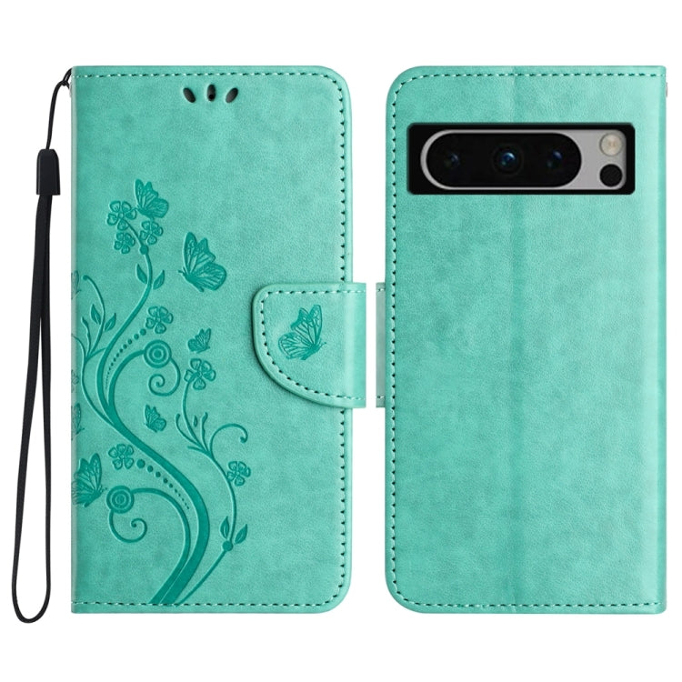 Butterfly Flower Pattern Flip Leather Phone Case for Google Pixel 8, showcasing a vibrant floral design with card slots and a holder for horizontal viewing.