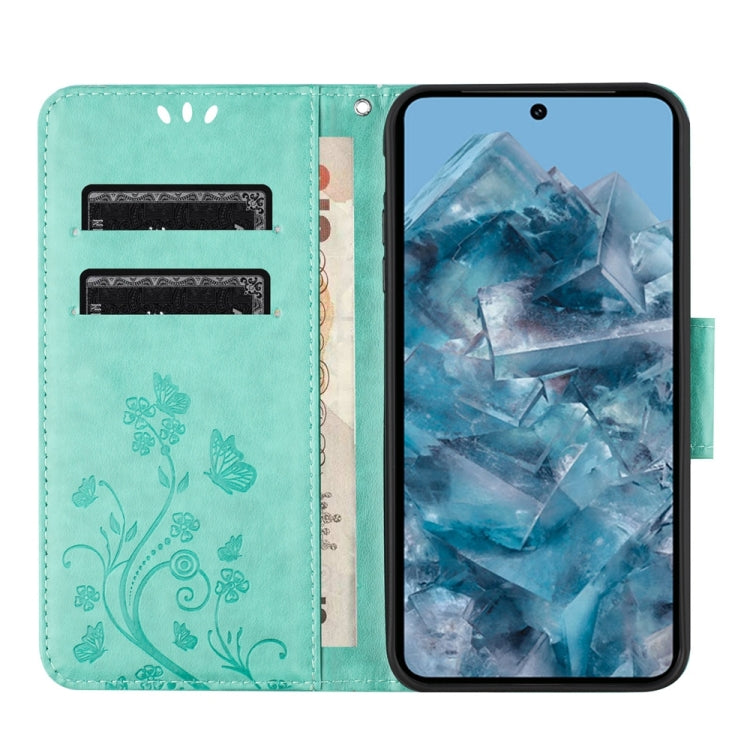 Butterfly Flower Pattern Flip Leather Phone Case for Google Pixel 8, showcasing a vibrant floral design with card slots and a holder for horizontal viewing.