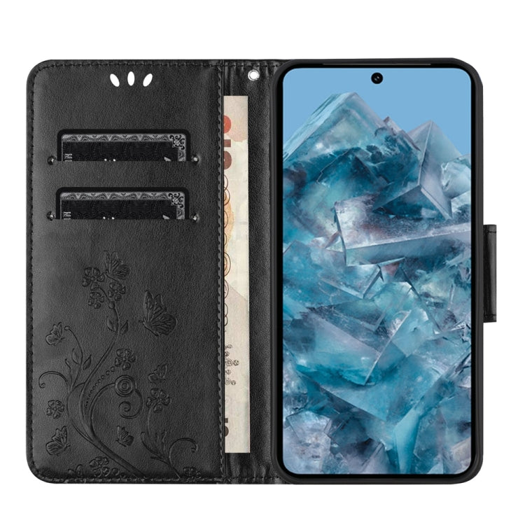 Butterfly Flower Pattern Flip Leather Phone Case for Google Pixel 8, showcasing a vibrant floral design with card slots and a holder for horizontal viewing.