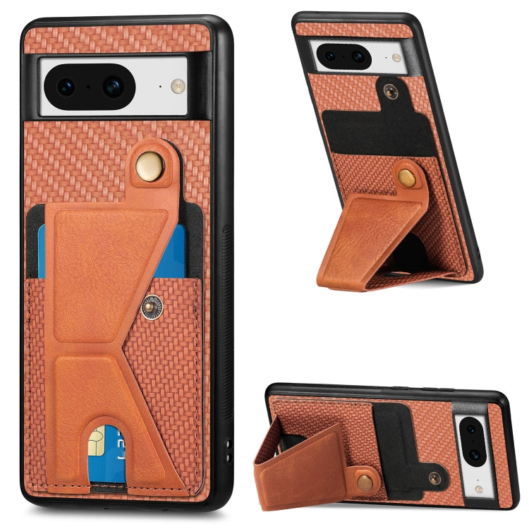 Carbon fiber wallet flip case for Google Pixel 8, featuring card slots and a drop-proof design.