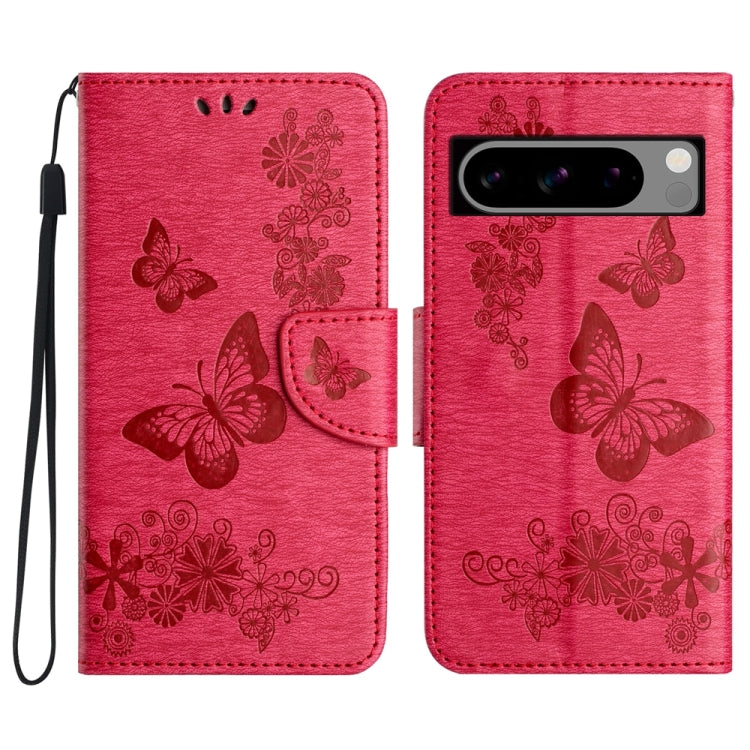 Red butterfly embossed flip leather phone case for Google Pixel 8 Pro, showcasing its stylish design and functional features.