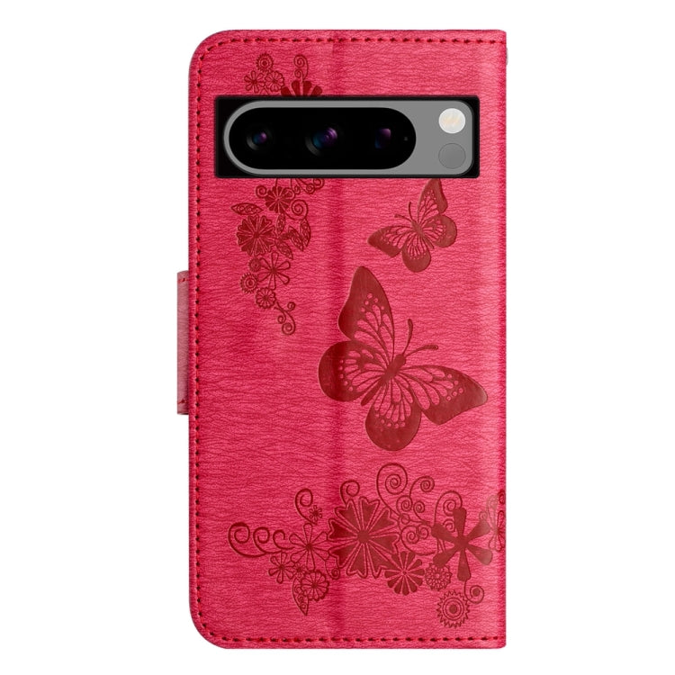 Red butterfly embossed flip leather phone case for Google Pixel 8 Pro, showcasing its stylish design and functional features.