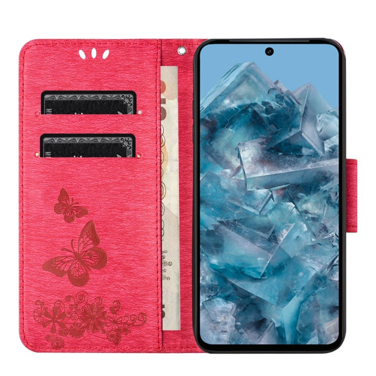 Red butterfly embossed flip leather phone case for Google Pixel 8 Pro, showcasing its stylish design and functional features.