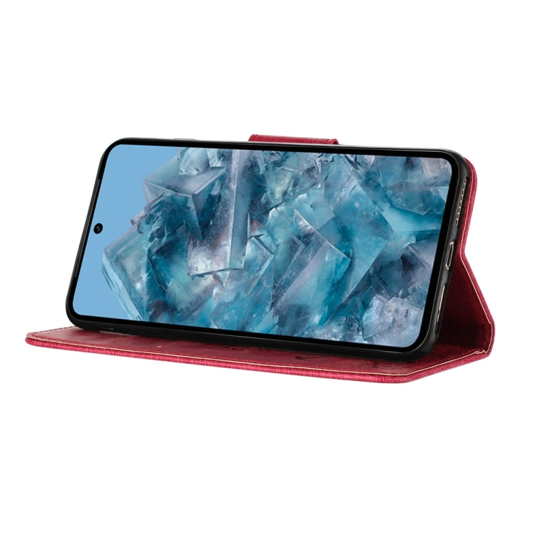 Red butterfly embossed flip leather phone case for Google Pixel 8 Pro, showcasing its stylish design and functional features.