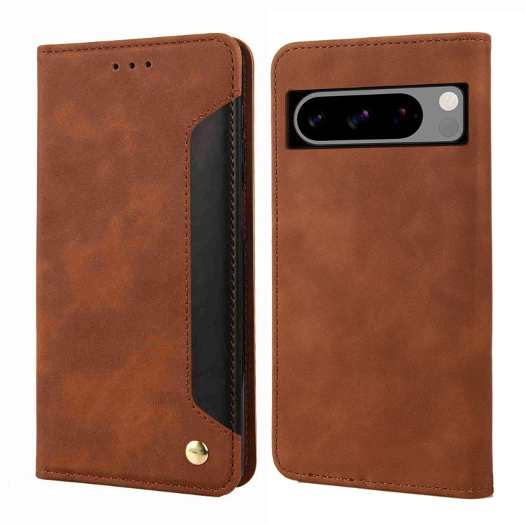 Brown splicing leather phone case for Google Pixel 8 Pro, showcasing its elegant design and practical features.