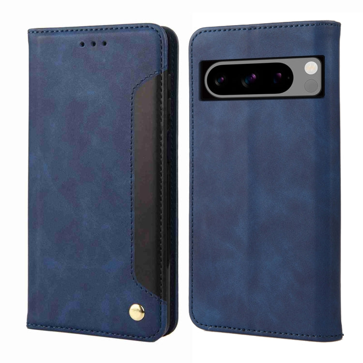 Blue splicing leather phone case for Google Pixel 8, showcasing its stylish design and practical features.