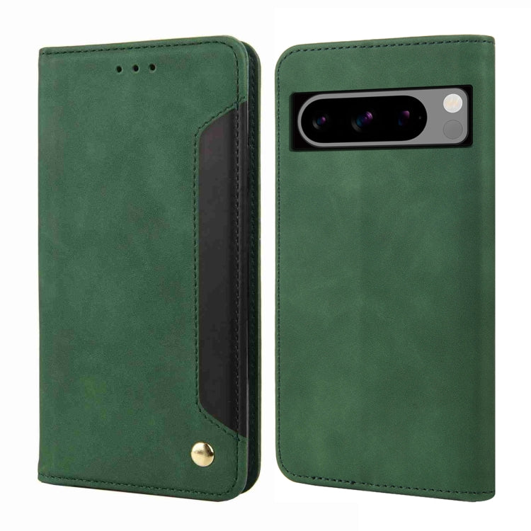 Green splicing leather phone case for Google Pixel 8, featuring a wallet design with card slot and stand functionality.