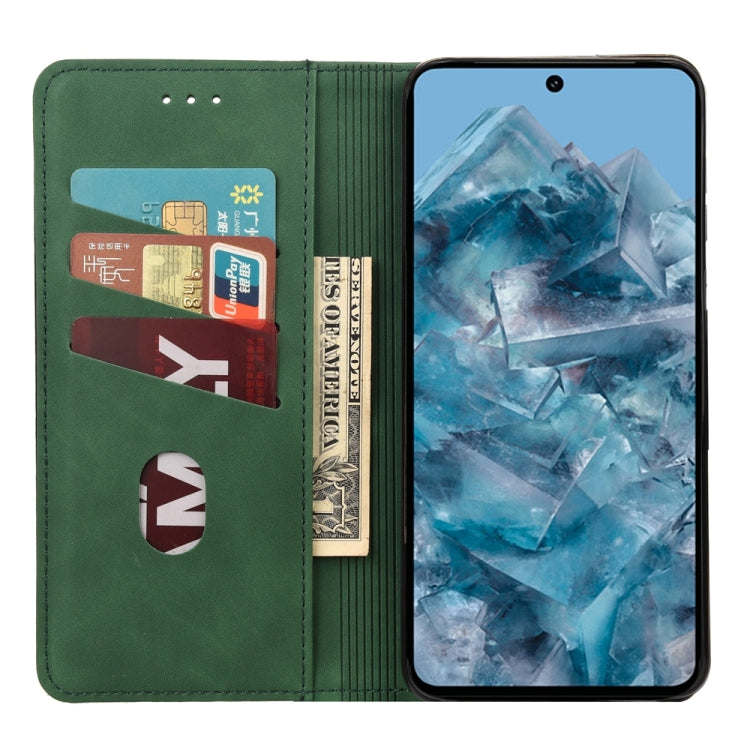 Green splicing leather phone case for Google Pixel 8, featuring a wallet design with card slot and stand functionality.