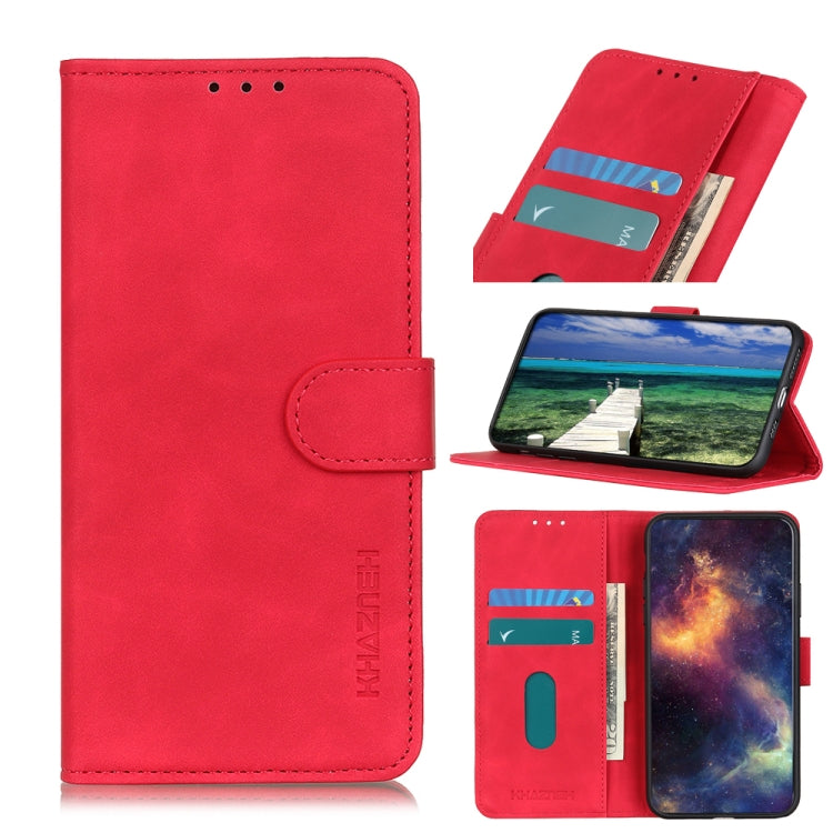 Red KHAZNEH Retro Texture Flip Leather Phone Case for Google Pixel 8a, showcasing its stylish design and functional features.