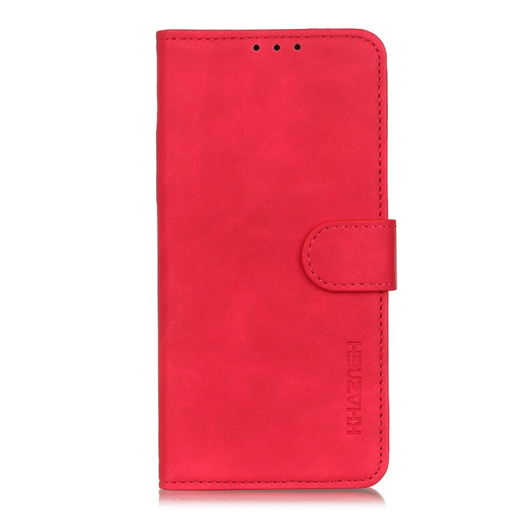 Red KHAZNEH Retro Texture Flip Leather Phone Case for Google Pixel 8a, showcasing its stylish design and functional features.