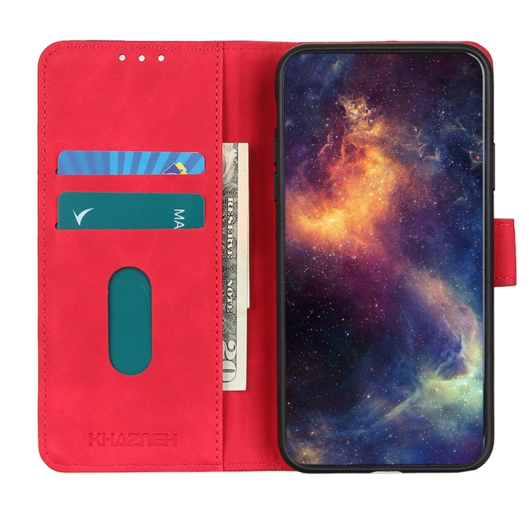 Red KHAZNEH Retro Texture Flip Leather Phone Case for Google Pixel 8a, showcasing its stylish design and functional features.