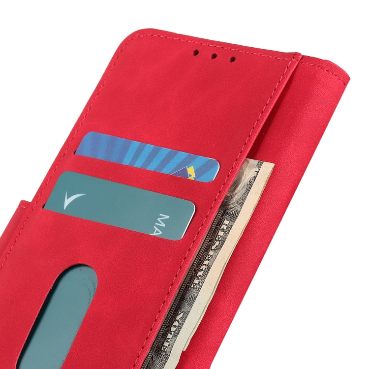 Red KHAZNEH Retro Texture Flip Leather Phone Case for Google Pixel 8a, showcasing its stylish design and functional features.