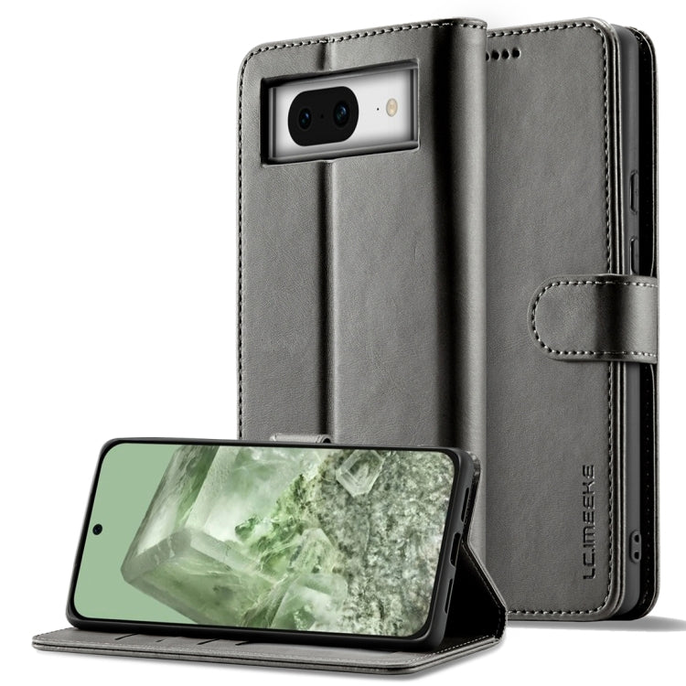 LC.IMEEKE Calf Texture Flip Leather Phone Case for Google Pixel 8a, showcasing its elegant design and card slots.