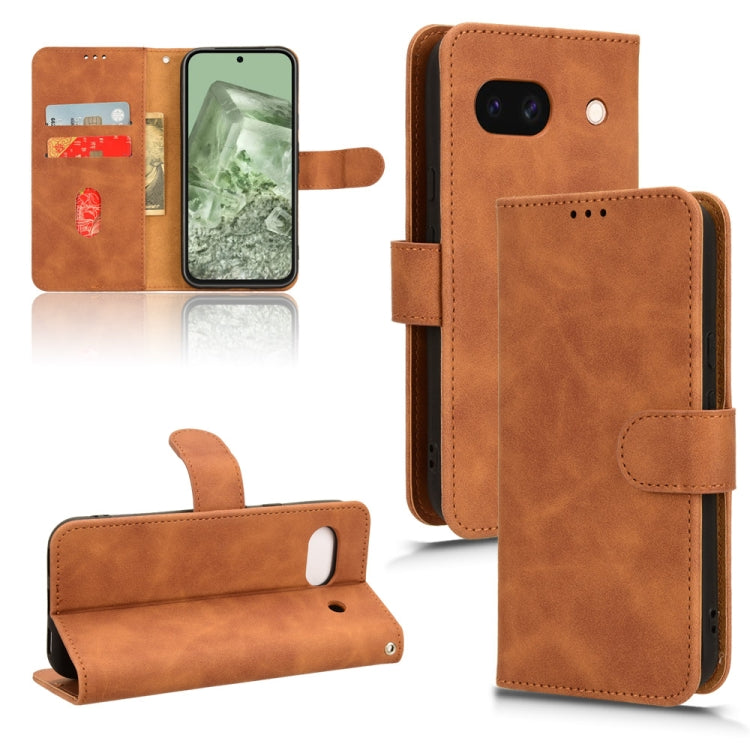 Brown magnetic flip leather phone case for Google Pixel 8a, showcasing its elegant design and card slots.